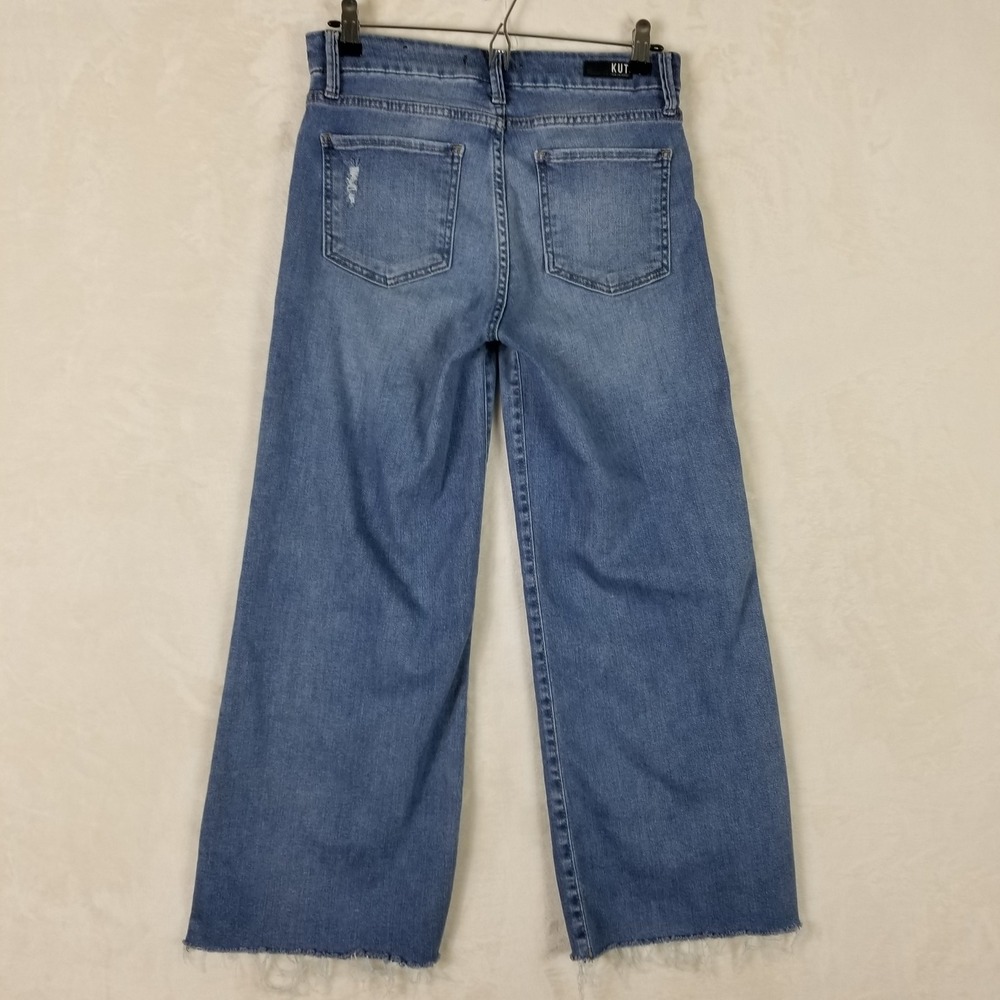 KUT from the Kloth Meg Wide Leg Jeans Women 4 Blue High Rise Raw Hem Distressed - Picture 2 of 9